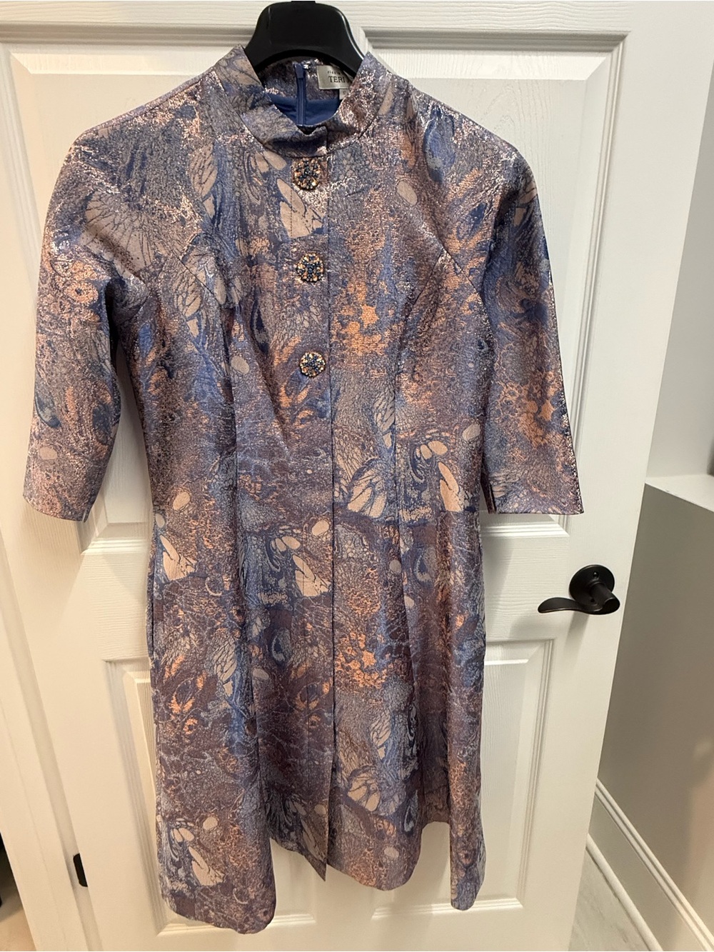 Rickie Freeman Teri Jon Metallic Jacquard Mock-Neck Dress Purple &Blush Brocade